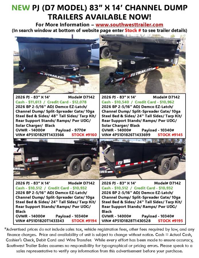 NEW PJ (D7) DUMP TRAILERS AT SOUTHWEST TRAILER SALES (760) 788-8900