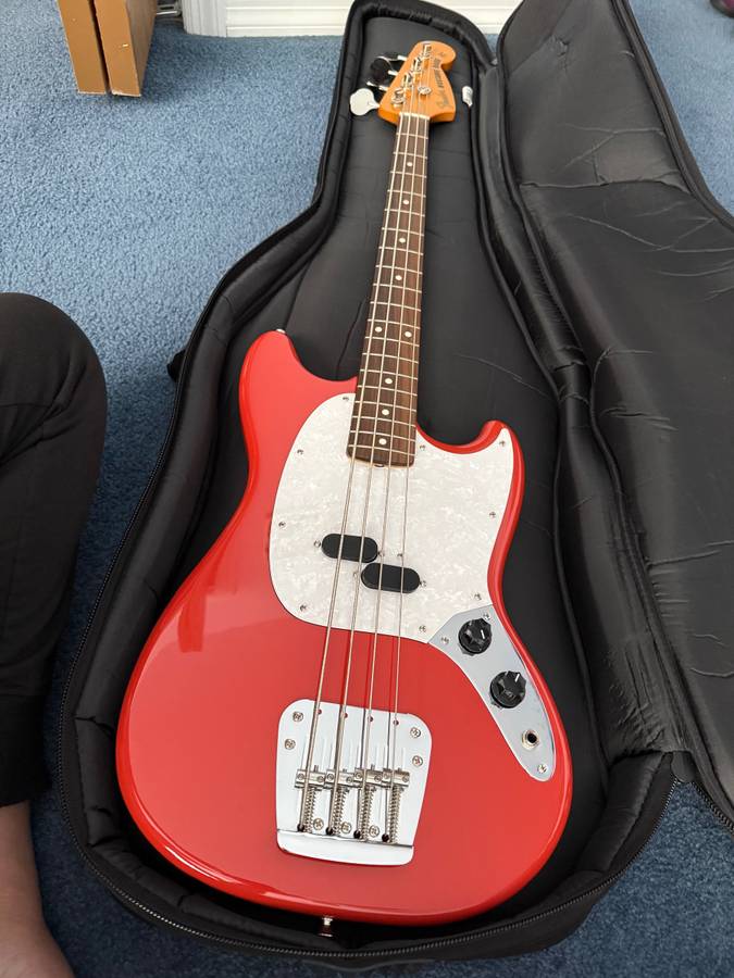 Brand New Never Used Fender Fiesta Red Mustang Bass Guitar Pearloid PG