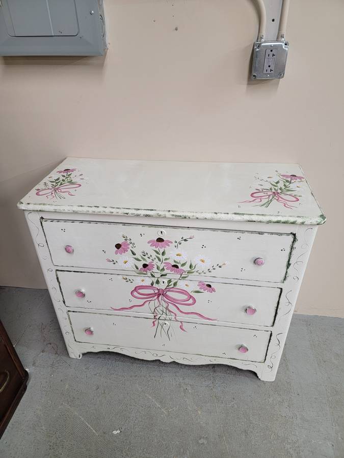 Three Drawer White Floral Design Wood Dresser Chest #487-12