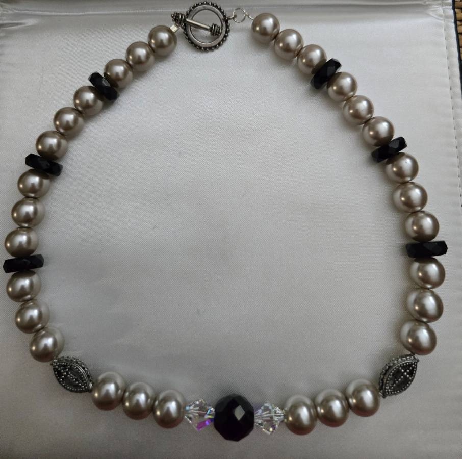 Handmade Swarovski black and clear crystal, beige pearl necklace with